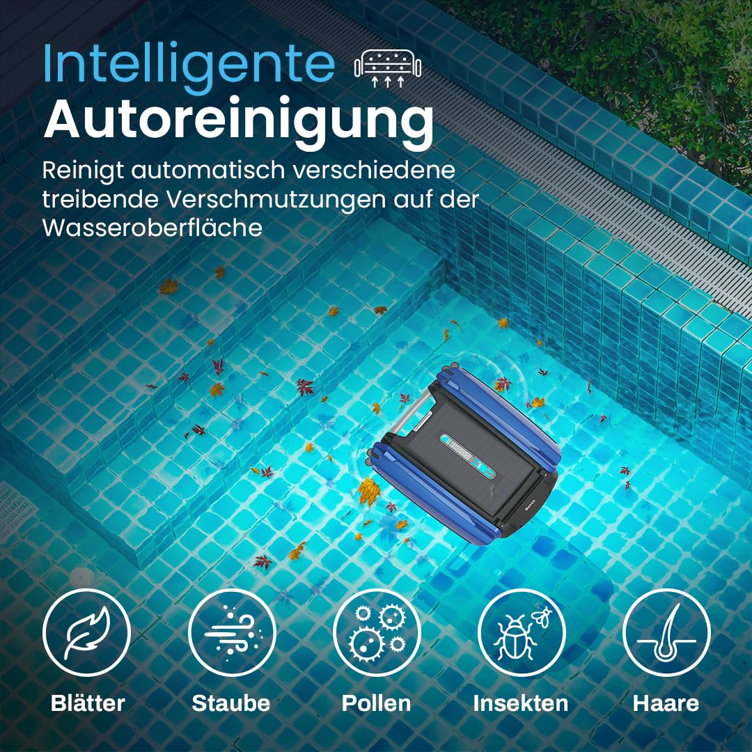 Betta SE Solar Pool Skimmer Roboter, Poolroboter Oberflächenreiniger – 30h Akku, Salzwasserbeständig, Smarte Hindernisvermeidung, 24/7 Automatische Reinigung (blau)