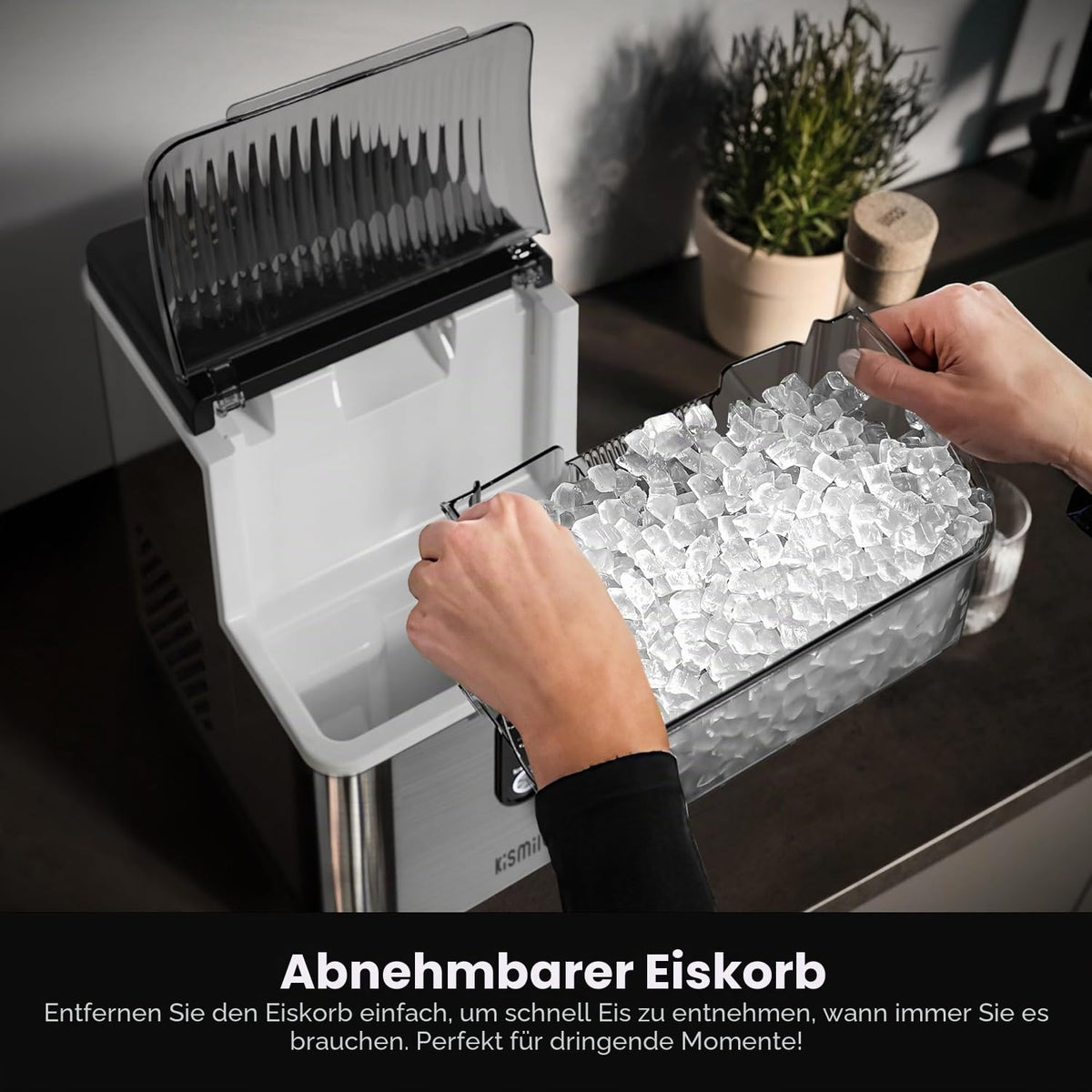 Kismile Nugget Eiswürfelbereiter, tragbare Eismaschine mit zerkleinertem Eis, 15,9 kg/Tag, selbstreinigend, Ein-Klick-Bedienung für den Heimgebrauch (Silber)