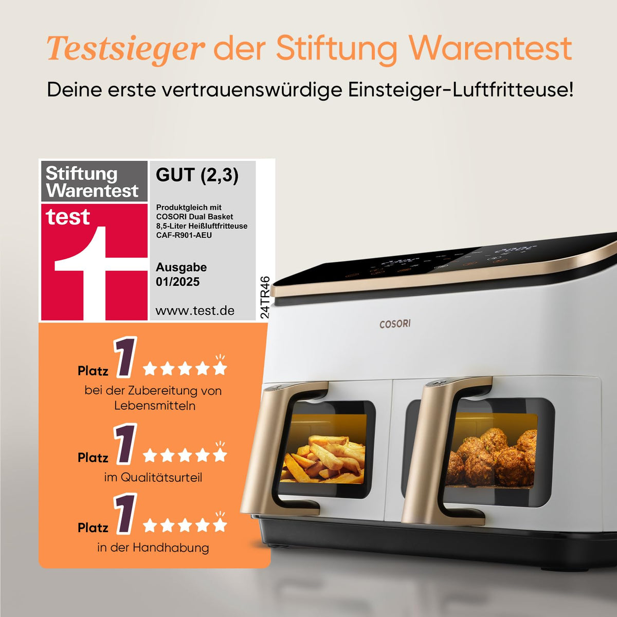 Cosori Airfryer, Mit Sichtfenster, 8,5L Heißluftfritteuse 2 Kammern