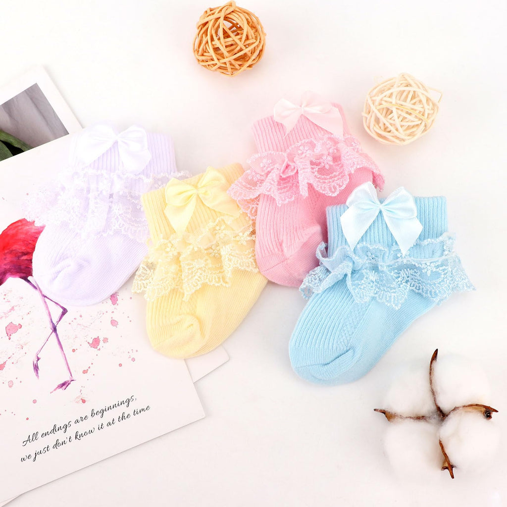 DRESHOW Säugling Spitze Schleife Socken Baby Rüschen Spitze Socken Neugeborene Kleinkinder Mädchen Socken Knöchel Kleid Socke