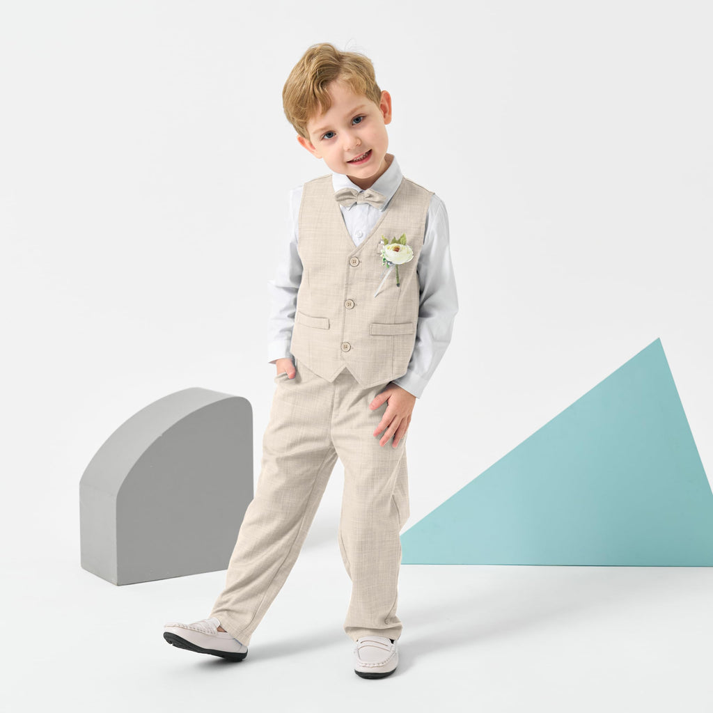 Volunboy Baby Jungen Anzug, Kinder Anzugweste Festliche Hochzeit Kleidung Bekleidung Set 4tlg(Größe 110,3-4 Jahre,Beige