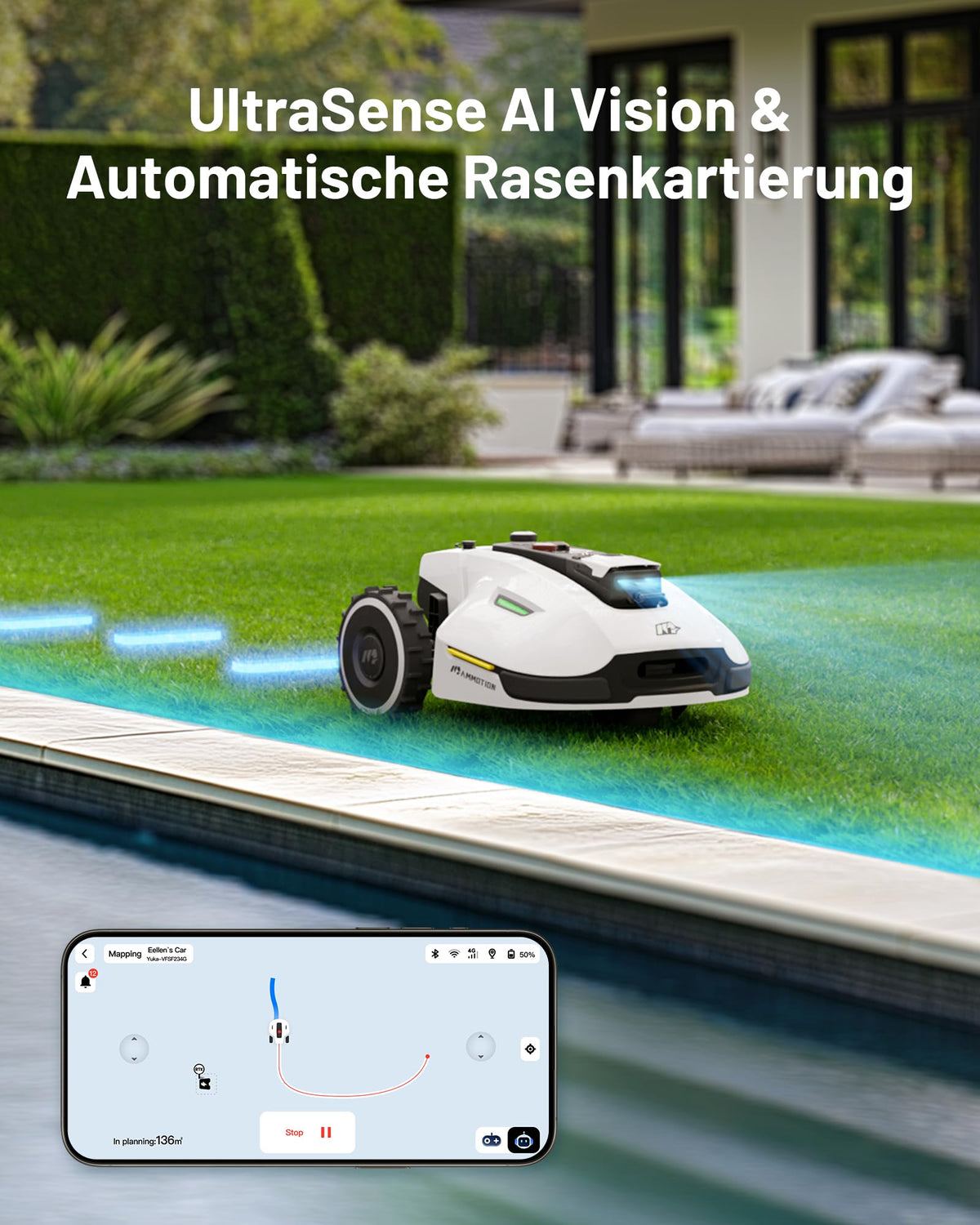 MAMMOTION YUKA 2000 Mähroboter ohne Begrenzungskabel, Max. 2400m², NetRTK+Vision, Keine RTK-Antenne, Auto-Kartierung,2000m², Intelligenter Rasenmäher Roboter mit 4G-Modul, 50% Steigung(YUKA 2000)