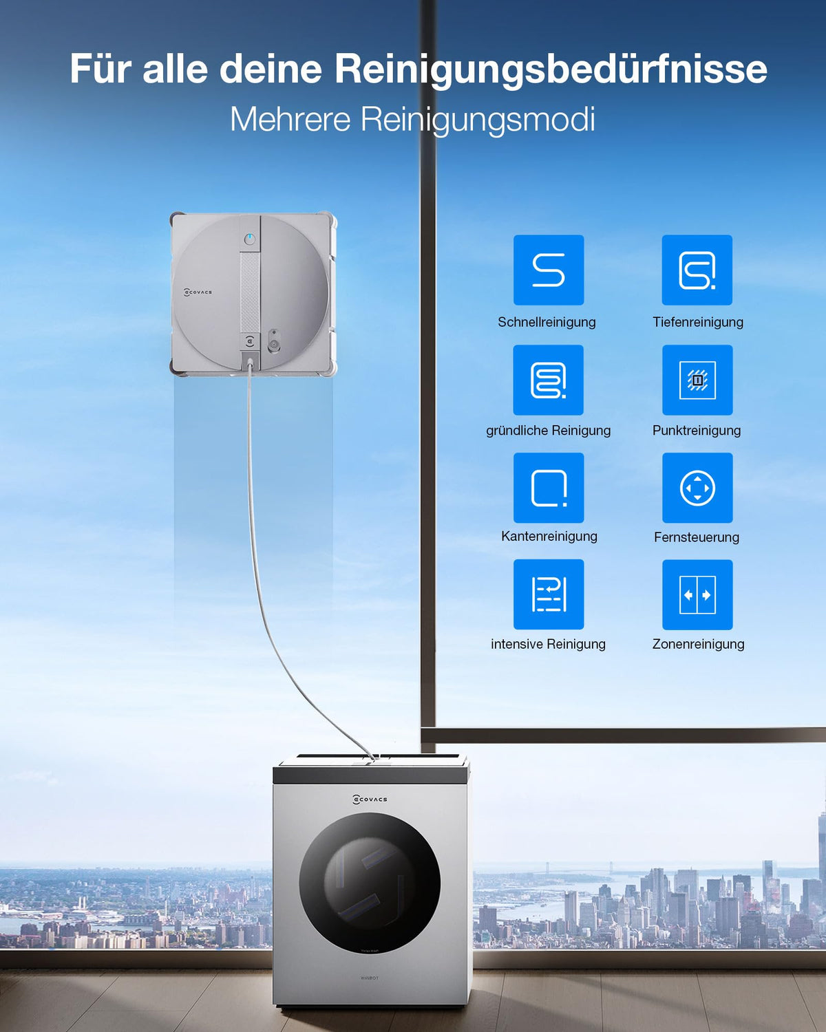 ECOVACS WINBOT W3 OMNI Fensterputzroboter mit Multifunktionsstation, Automatische Reinigung der Wischpads, Intelligente Reinigung entlang der Ränder, Sprühen mit drei Düsen, App-Steuerung