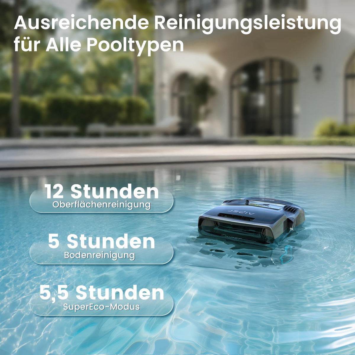 AIPER Scuba X1 Pro Max Poolroboter Boden und Wand, 360° Mapping, Adaptive Routenplanung, Wasserlinie, 32000 LPH Leistung, All-in-One Poolreiniger Akku für alle Eingelassenen Pools bis zu 300 ㎡