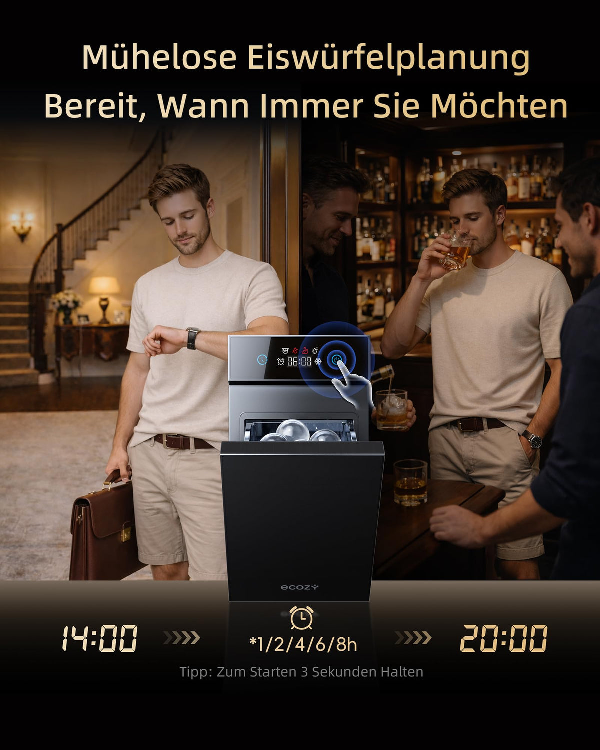 ecozy 60mm Klare Eiswürfelmaschine Eiskugeln, 8h Startzeitvorwahl, Kompakt