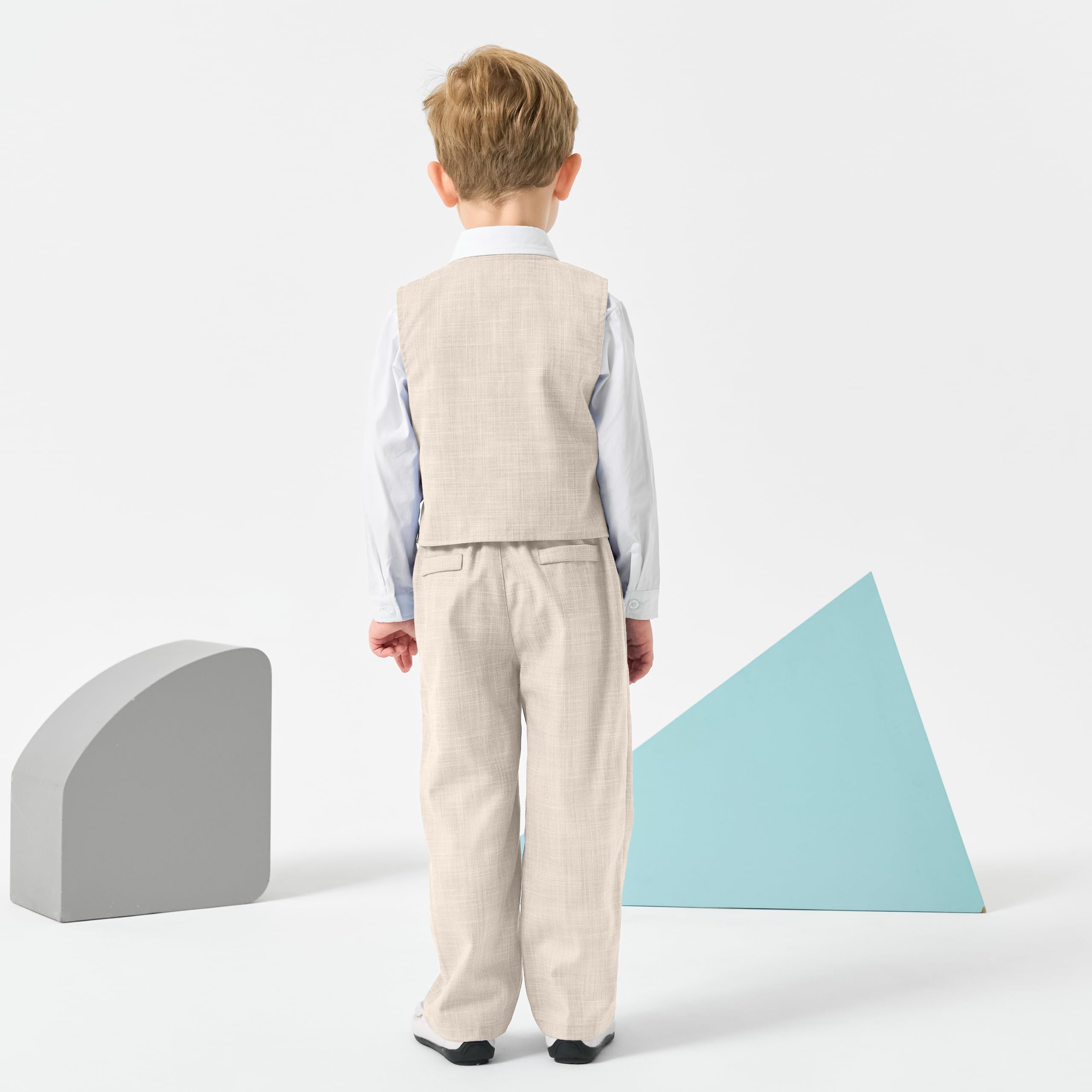 Volunboy Baby Jungen Anzug, Kinder Anzugweste Festliche Hochzeit Kleidung Bekleidung Set 4tlg(Größe 110,3-4 Jahre,Beige