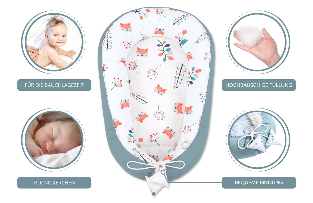 Babynest babynestchen neugeborene 90 x 50 cm baby nestchen tragbar nest für bett kinder kuschelnest coccon für jungen und mädchen fuchs salbei