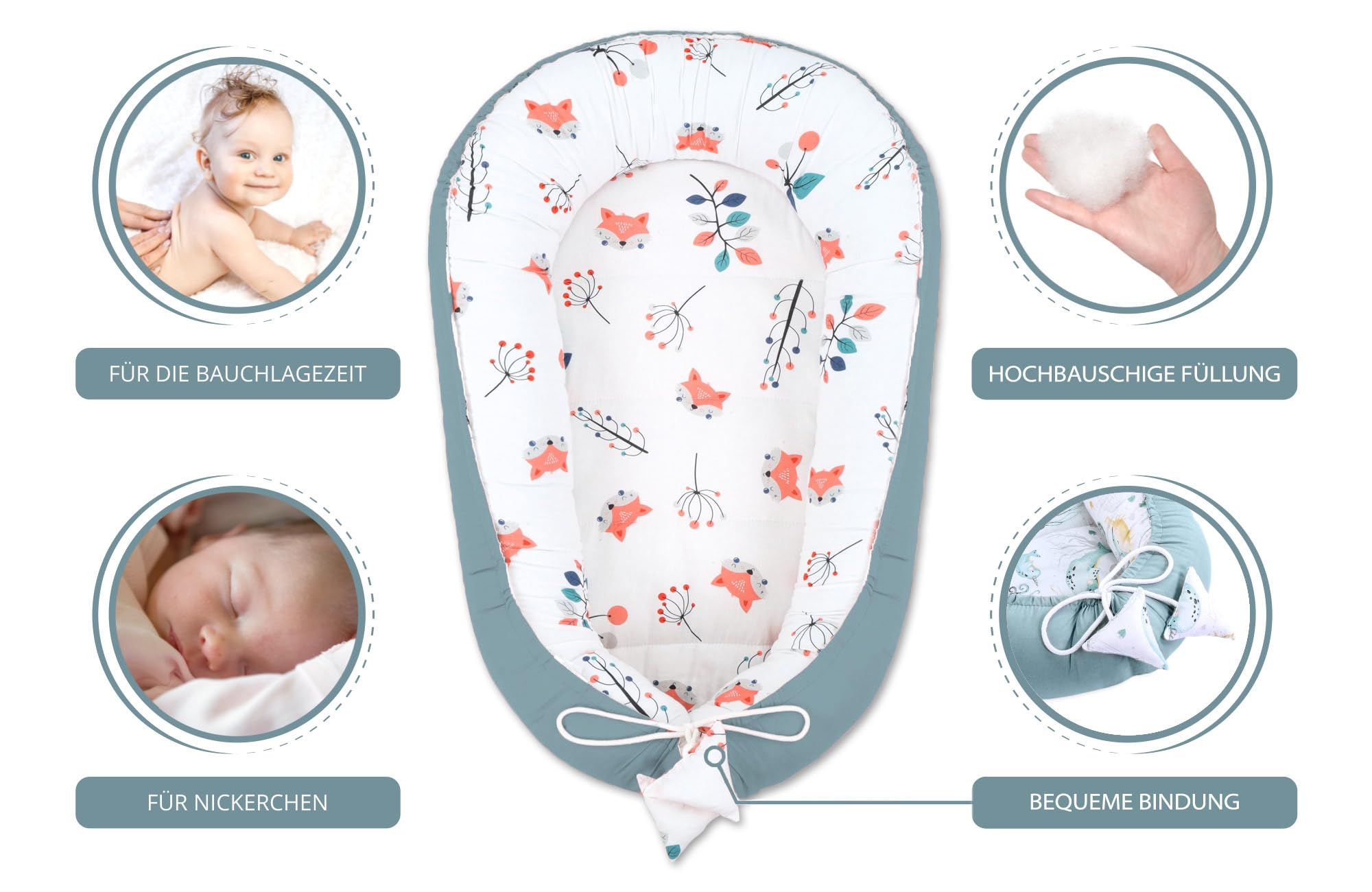 Babynest babynestchen neugeborene 90 x 50 cm baby nestchen tragbar nest für bett kinder kuschelnest coccon für jungen und mädchen fuchs salbei