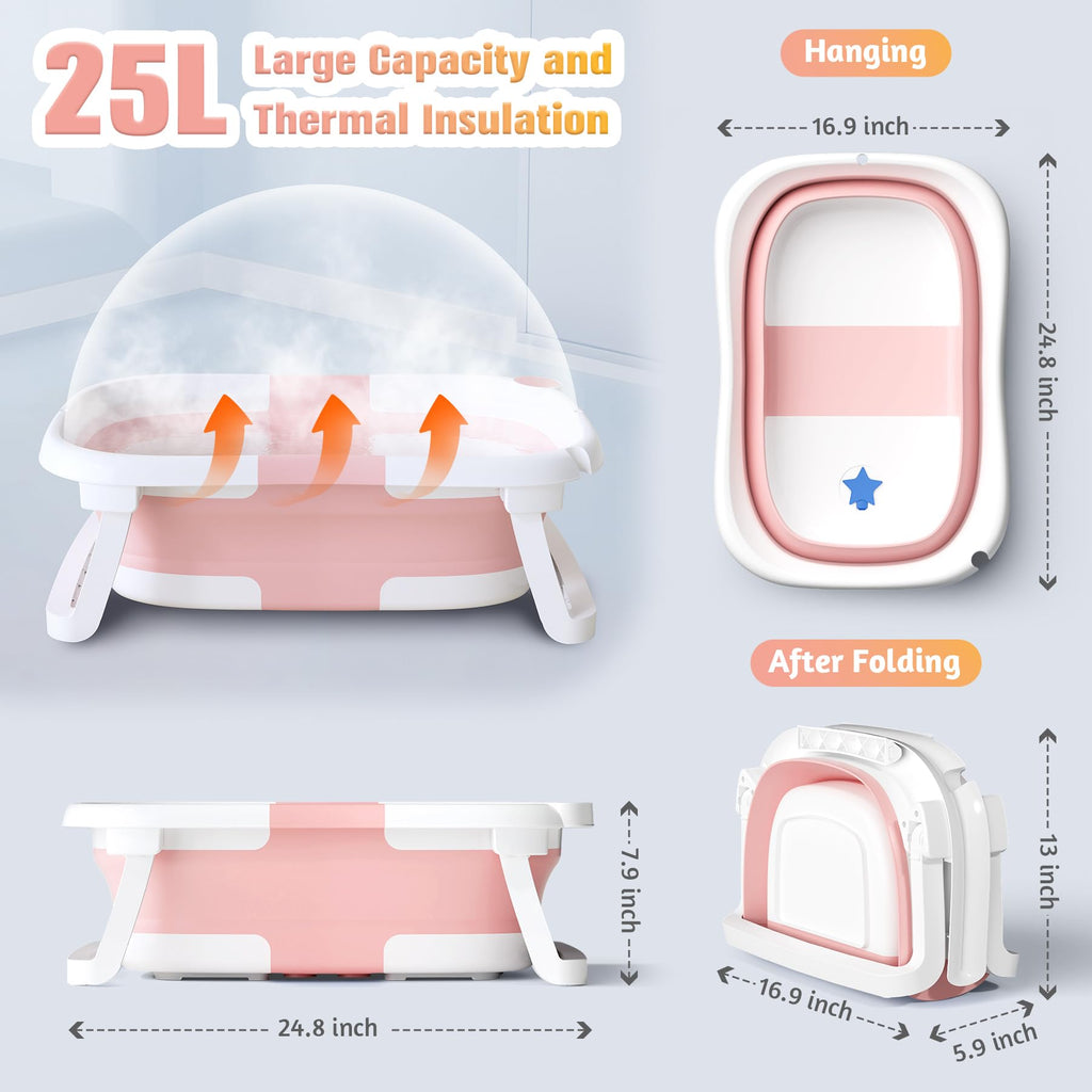 Rabb 1st Baby Badewanne Faltbare, Baby Bathtub Babywanne Faltbar Babybadewanne Tragbare Wanne für Neugeborene Kleinkinder mit Rutschfester Matte und Abflussloch (Kein Thermometer) (Rosa)