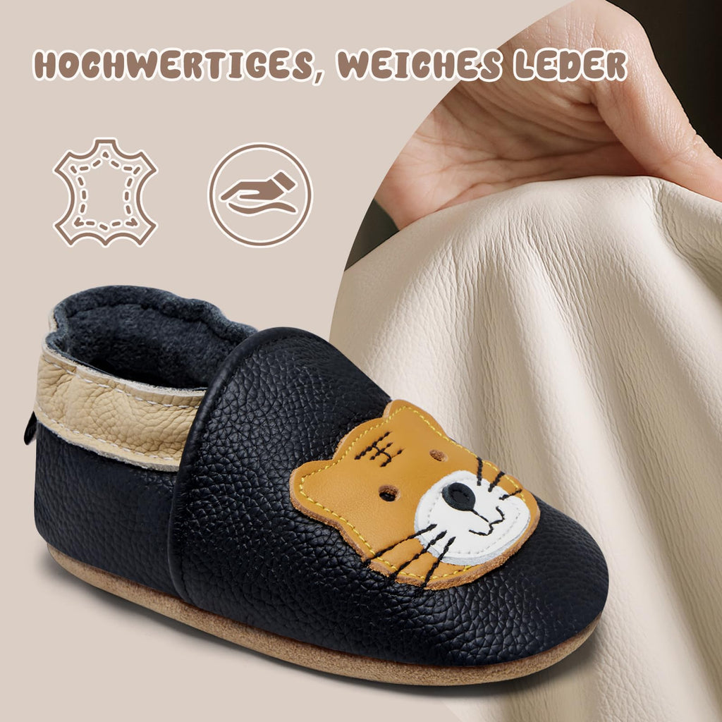 IceUnicorn Krabbelschuhe Baby Lauflernschuhe Jungen Mädchen Weicher Leder Babyhausschuhe Kleinkind Rutschfeste Lederschuhe Baby(Schwarzer Tiger, 12-18 Monate)