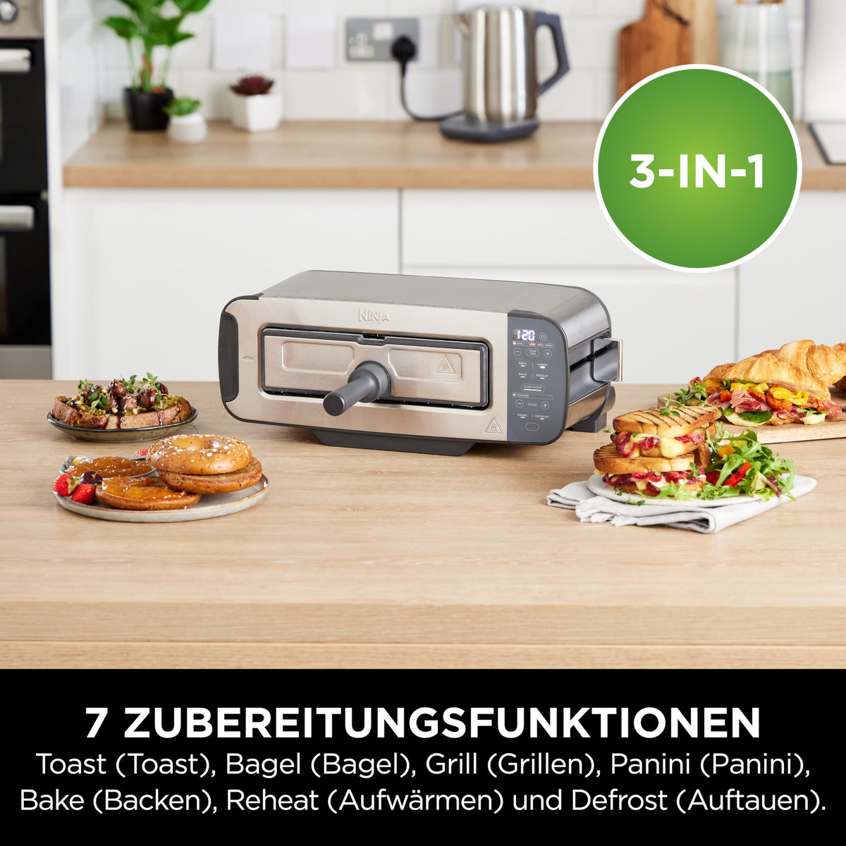 Ninja Foodi 3-in-1 Toaster, Elektrogrill mit Deckel, Edelstahl, ST202EU
