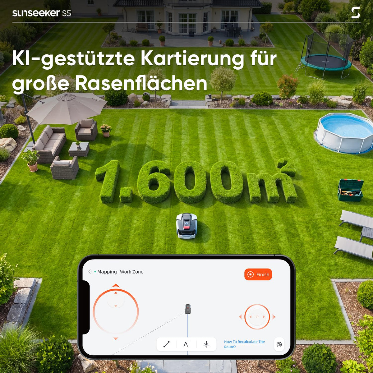 Sunseeker S5 Mähroboter ohne Begrenzungskabel AWD Allradantrieb, 60% Steigungsfähigkeit, 1600㎡ Rasenabdeckung, RTK + Vision, Intelligenter Rasenmäher für Große Gärten