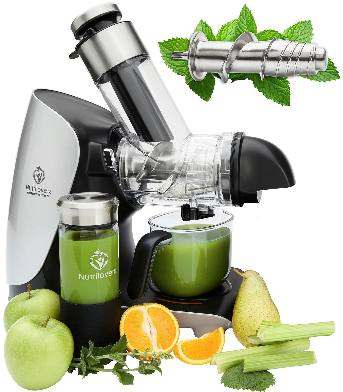 Nutrilovers Slow Juicer GREEN-PRESS EDELSTAHL Schnecke DEUTSCHE MARKE Ganze Früchte entsaften Sellerie Gemüse und Obst Entsafter Testsieger Allrounder Saftpresse elektrisch