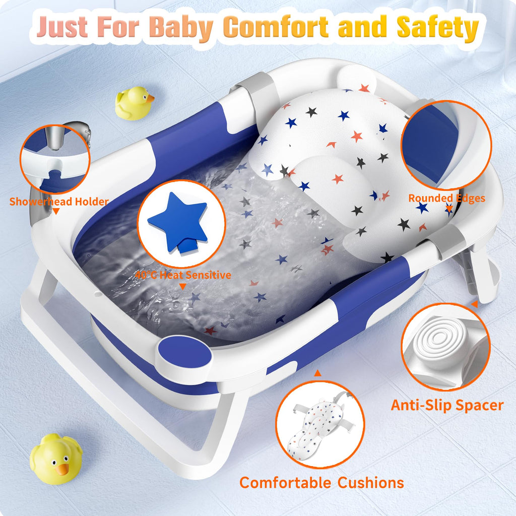 Rabb 1st Baby Badewanne Faltbare, Baby Bathtub Babywanne Faltbar Babybadewanne Tragbare Wanne für Neugeborene Kleinkinder mit Rutschfester Matte und Abflussloch (Kein Thermometer) (Blau)