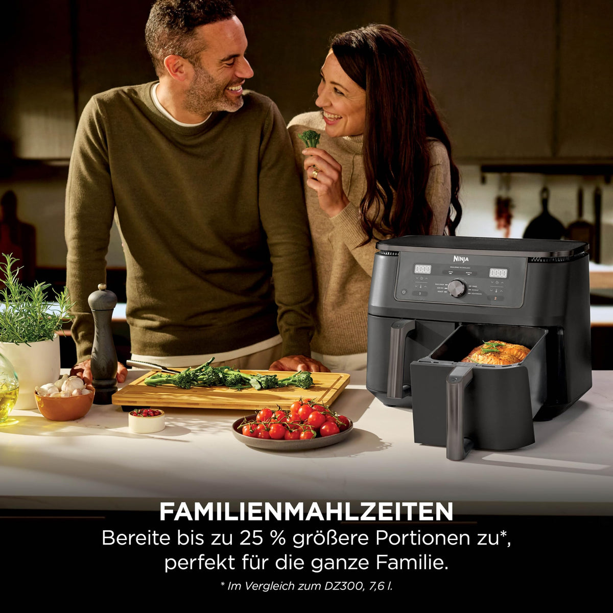 Ninja Heißluftfritteuse MAX Dual Zone, 2 Schubladen, 9,5 L, 6-in-1, Kochen ohne Öl, Air Fry, Max Crisp, Braten, Backen, Aufwärmen, Dörren, spülmaschinengeeignete Antihaft-Körbe, Onyxschwarz DZ400EUBK
