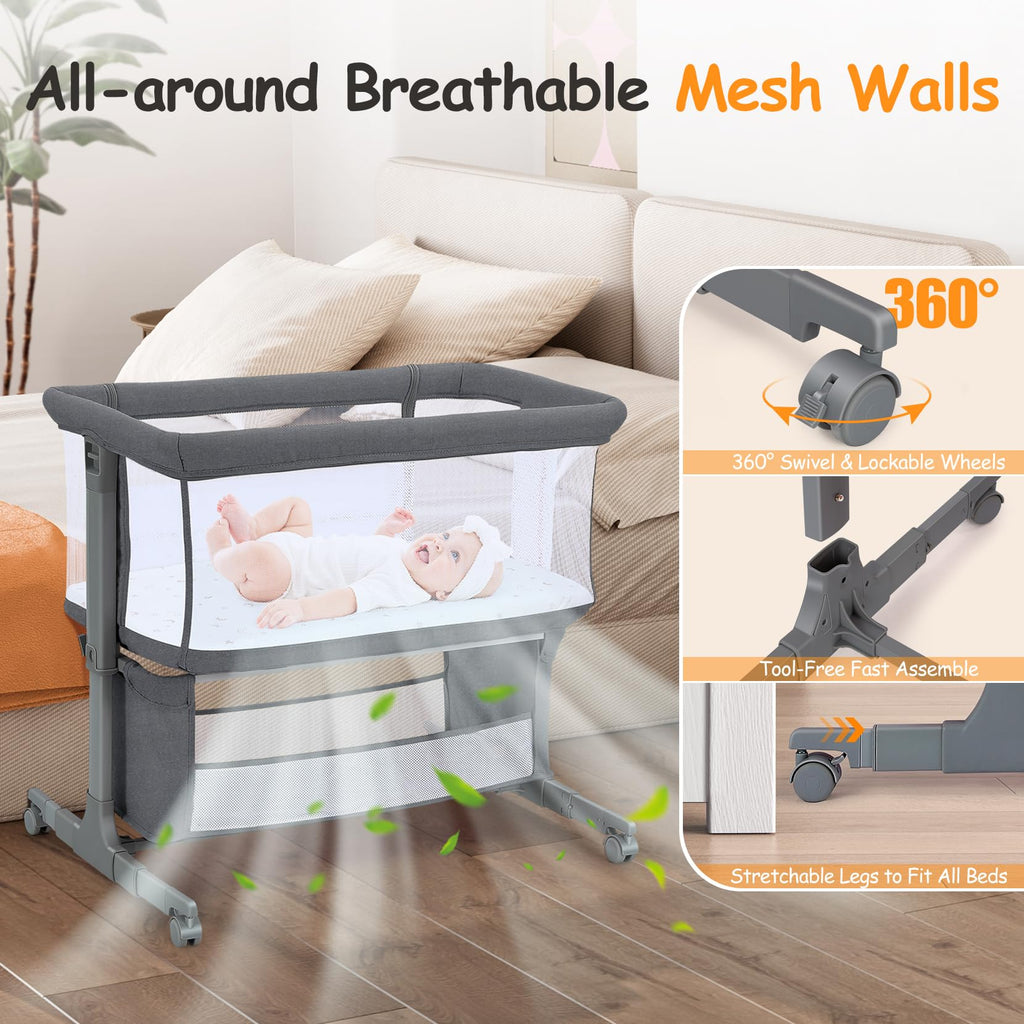 Growaystory Beistellbett Baby Bettseitiger Bassinet für Neugeborene Tragbarer Baby Bett mit Rädern Aufbewahrungskorb Matratze 7-Fach Höhenverstellbar Zustellbett (Dunkelgrau)