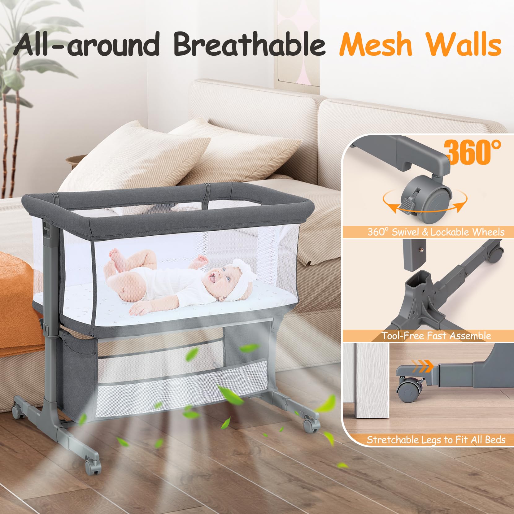 Growaystory Beistellbett Baby Bettseitiger Bassinet für Neugeborene Tragbarer Baby Bett mit Rädern Aufbewahrungskorb Matratze 7-Fach Höhenverstellbar Zustellbett (Dunkelgrau)