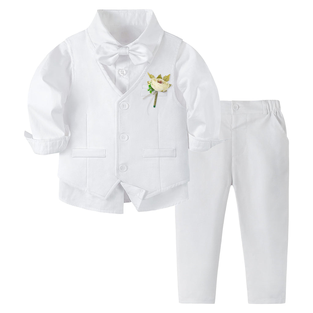 Volunboy Baby Jungen Anzug, Kinder Anzugweste Festliche Hochzeit Kleidung Bekleidung Set 4tlg(Größe 110,3-4 Jahre,Reines Weiß