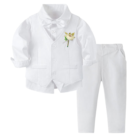Volunboy Baby Jungen Anzug, Kinder Anzugweste Festliche Hochzeit Kleidung Bekleidung Set 4tlg(Größe 110,3-4 Jahre,Reines Weiß