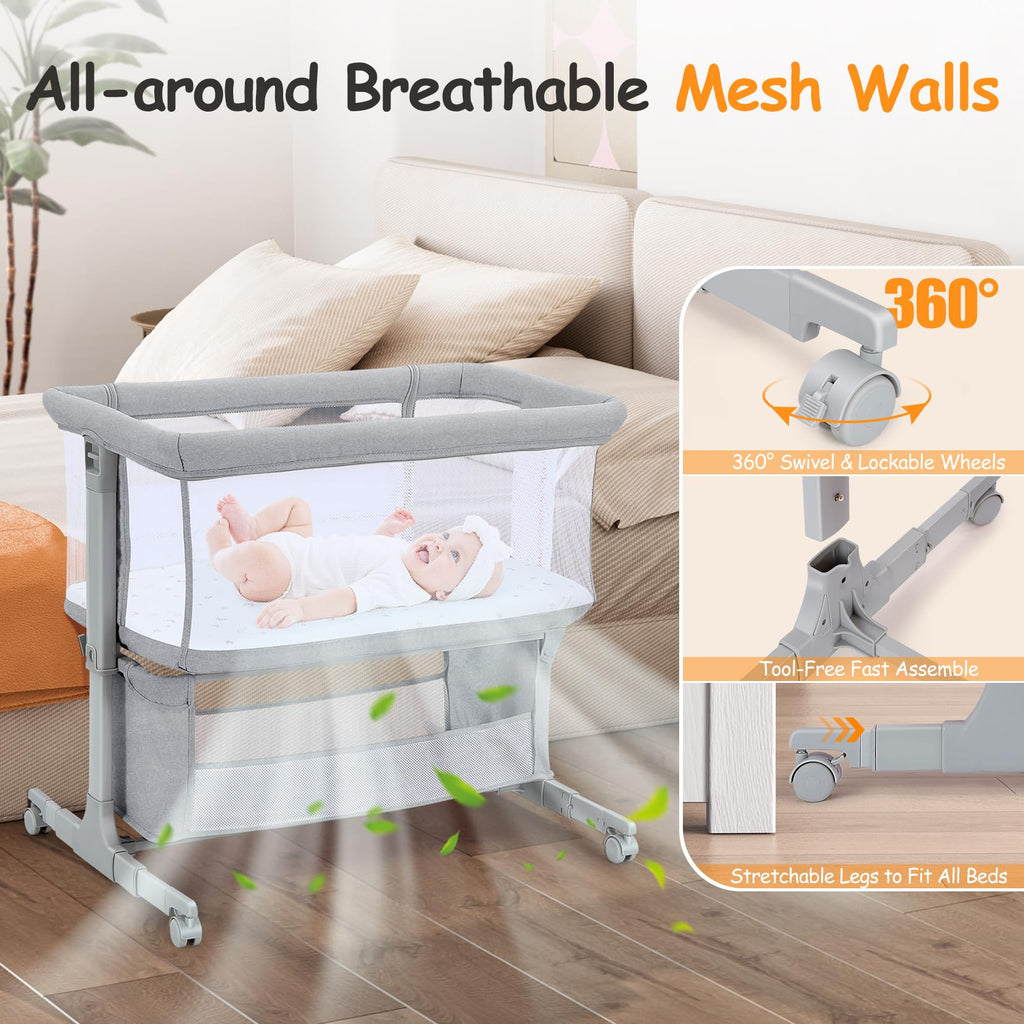 Growaystory Beistellbett Baby Bettseitiger Bassinet für Neugeborene Tragbarer Baby Bett mit Rädern Aufbewahrungskorb Matratze 7-Fach Höhenverstellbar Zustellbett (Hellgrau)