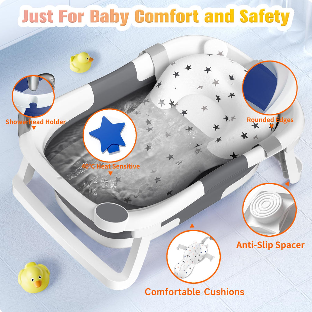 Rabb 1st Baby Badewanne Faltbare, Baby Bathtub Babywanne Faltbar Babybadewanne Tragbare Wanne für Neugeborene Kleinkinder mit Rutschfester Matte und Abflussloch (Kein Thermometer) (Grau)