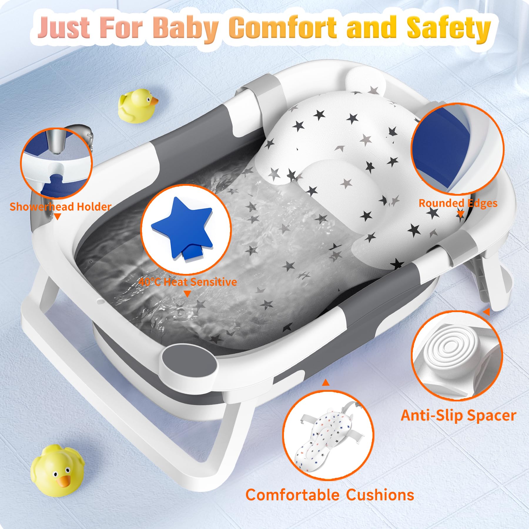 Rabb 1st Baby Badewanne Faltbare, Baby Bathtub Babywanne Faltbar Babybadewanne Tragbare Wanne für Neugeborene Kleinkinder mit Rutschfester Matte und Abflussloch (Kein Thermometer) (Grau)
