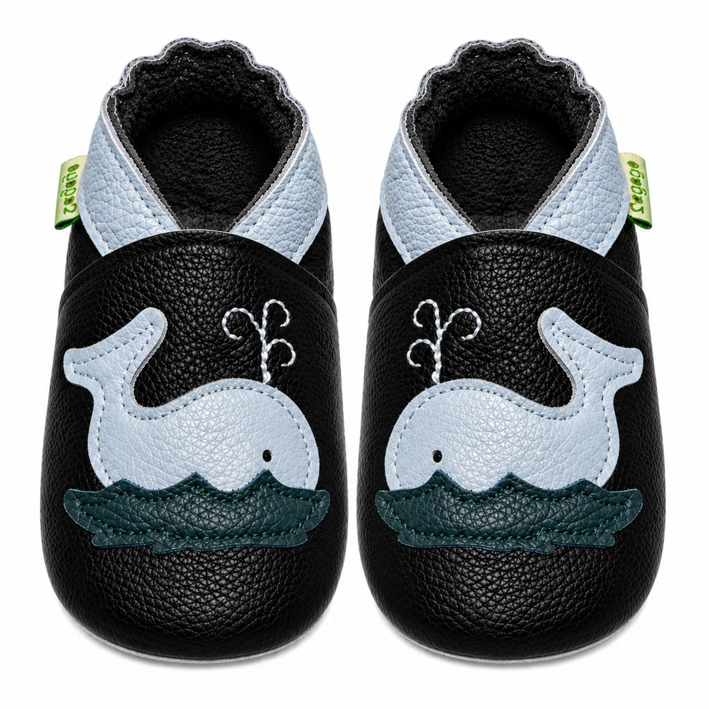 SAYOYO Krabbelschuhe Baby Lauflernschuhe für Kleinkinder Weiche Leder mit Rutschfester Sohle Lederschuhe Jungen Mädchen Babyhausschuhe, 12-18 Monate, Schwarz Wal