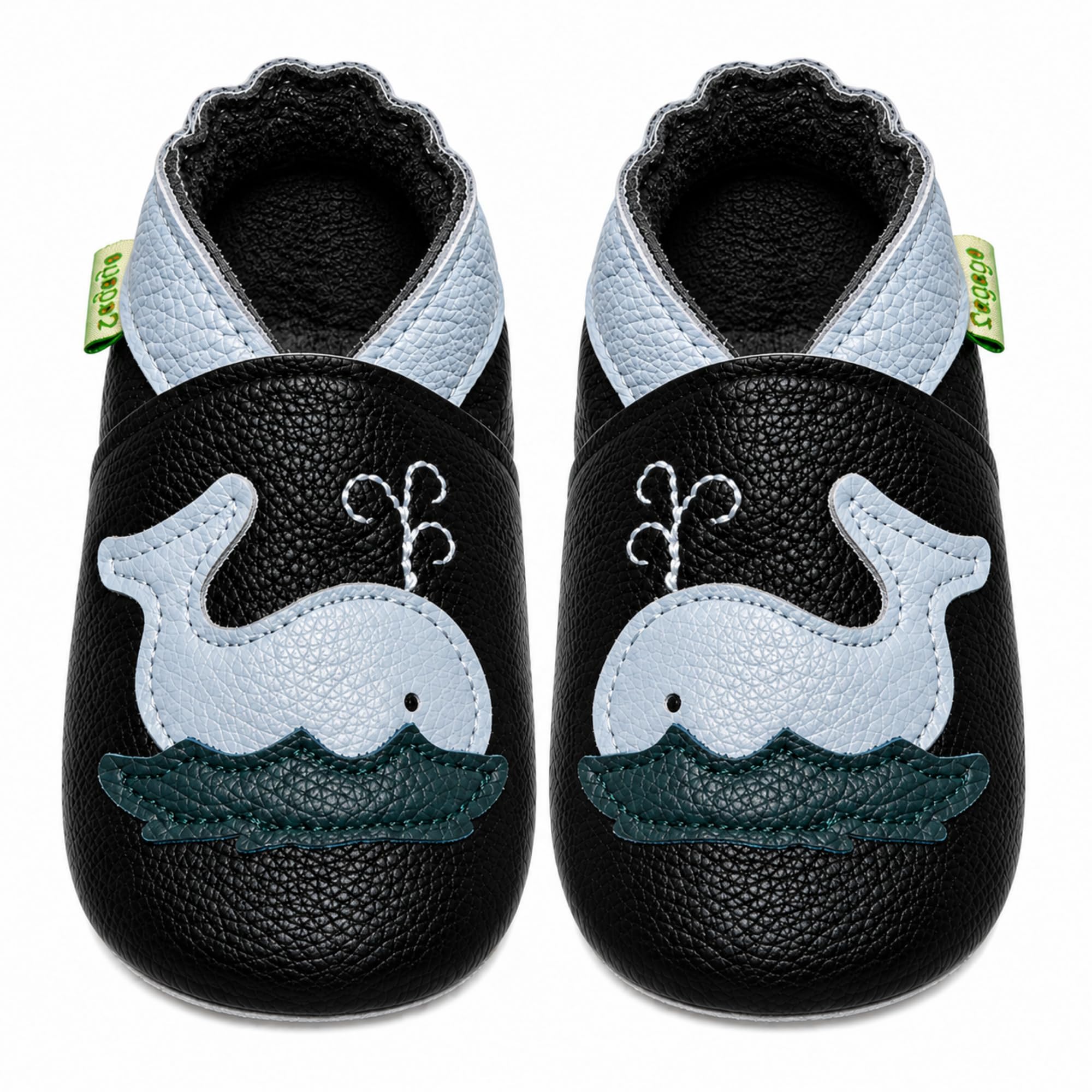SAYOYO Krabbelschuhe Baby Lauflernschuhe für Kleinkinder Weiche Leder mit Rutschfester Sohle Lederschuhe Jungen Mädchen Babyhausschuhe, 12-18 Monate, Schwarz Wal