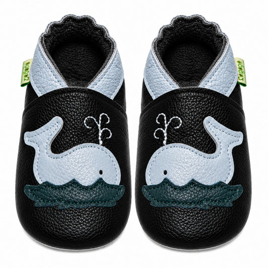 SAYOYO Krabbelschuhe Baby Lauflernschuhe für Kleinkinder Weiche Leder mit Rutschfester Sohle Lederschuhe Jungen Mädchen Babyhausschuhe, 12-18 Monate, Schwarz Wal