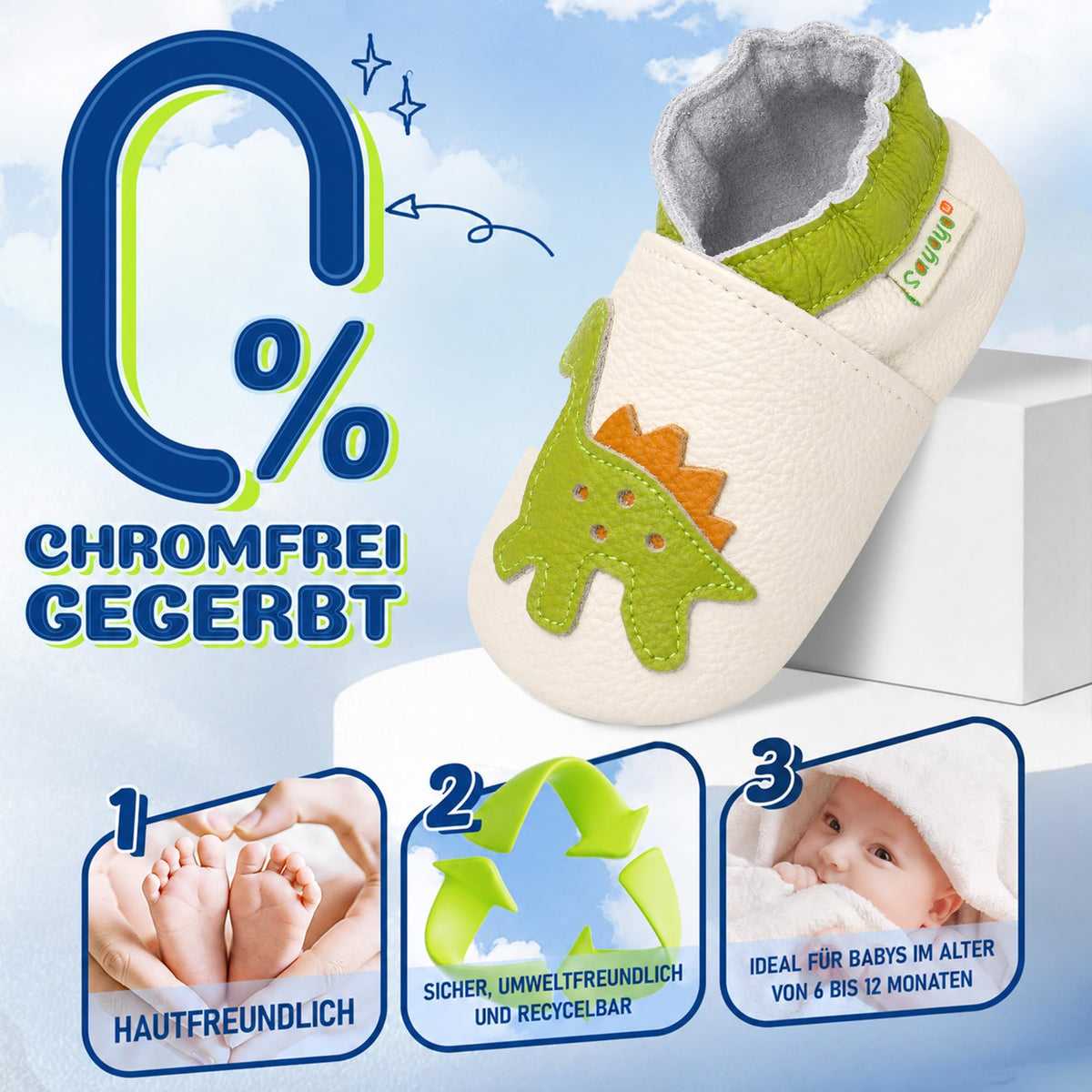 SAYOYO Baby Krabbelschuhe Leder rutschfest 12-18 Monate 21/22 Beige Dinosauri