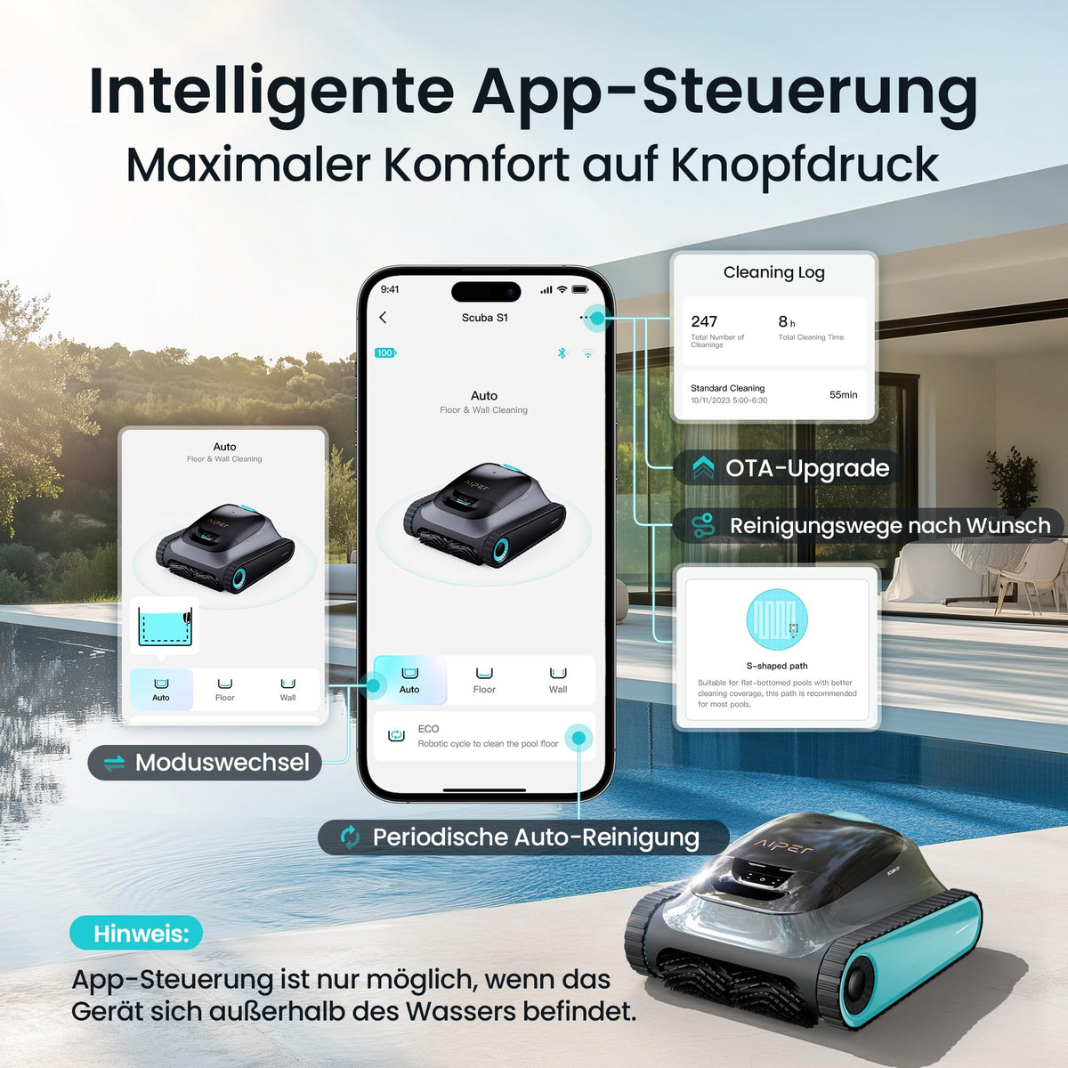 (2026 Upgrade) AIPER Scuba S1 Poolroboter Boden und Wand, Wasserlinienreinigung, Doppelfiltration, 270 Min Laufzeit, Intelligente Navigation, App-Steuerung & OTA-Updates für Einbau- und Aufstellpools