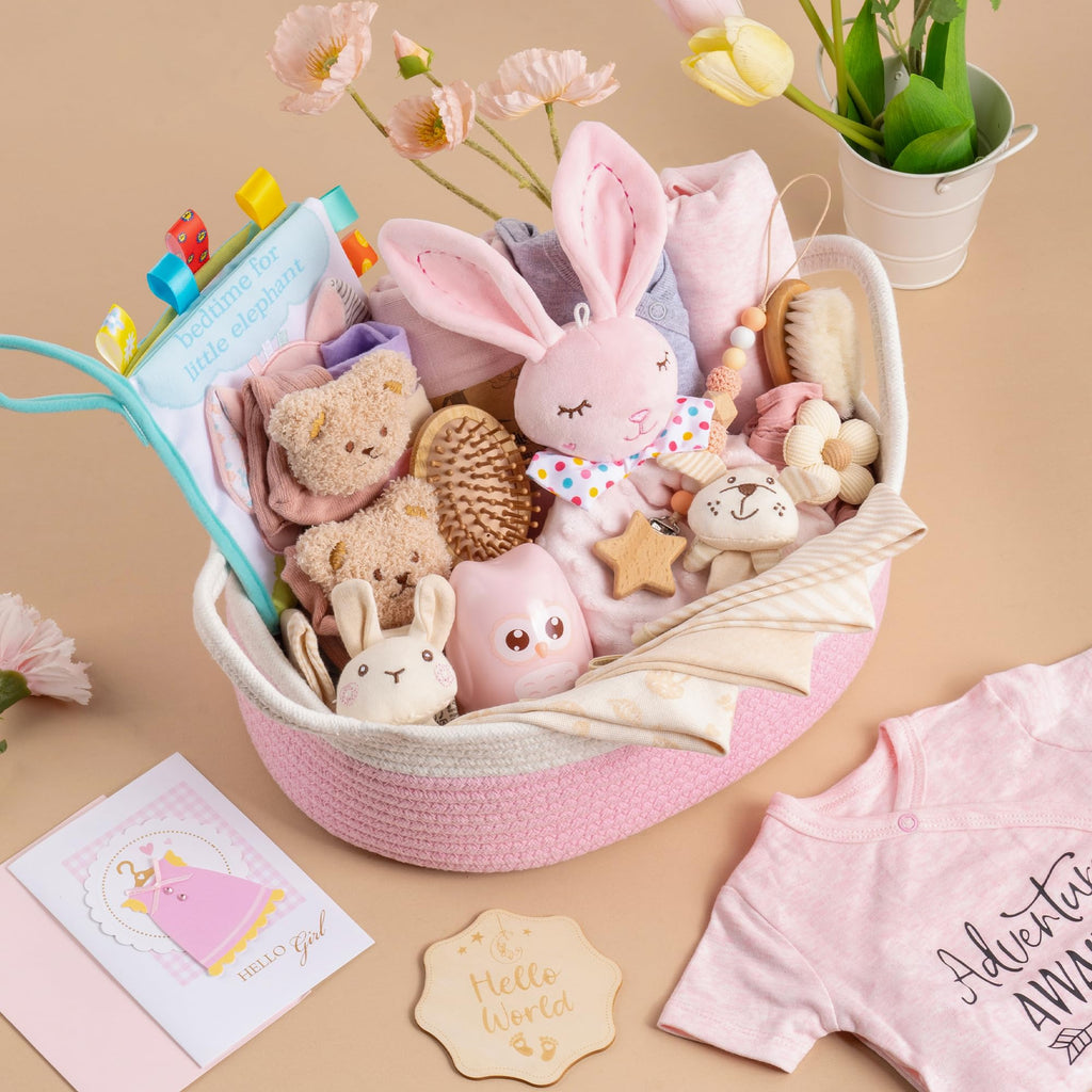 Baby Geschenk, Geschenkkorb zur Geburt für Mädchen & Jungen, Rosa