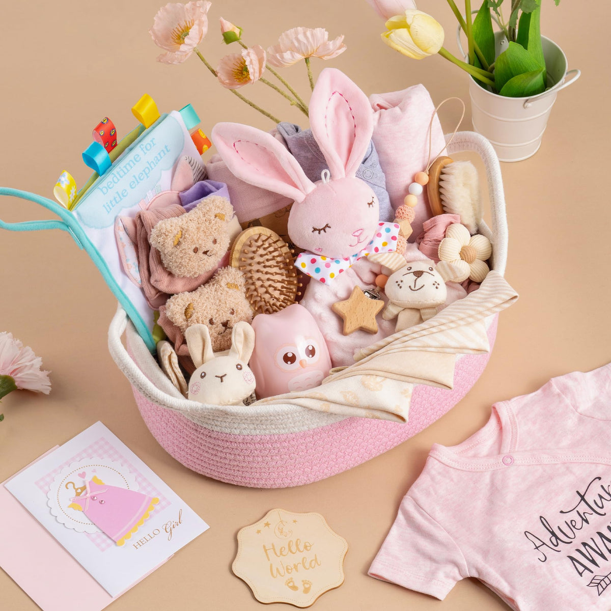 Baby Geschenk, Geschenkkorb zur Geburt für Mädchen & Jungen, Rosa