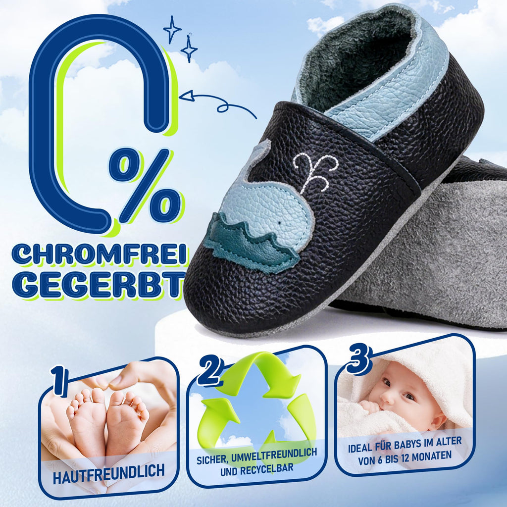 SAYOYO Krabbelschuhe Baby Lauflernschuhe für Kleinkinder Weiche Leder mit Rutschfester Sohle Lederschuhe Jungen Mädchen Babyhausschuhe, 12-18 Monate, Schwarz Wal
