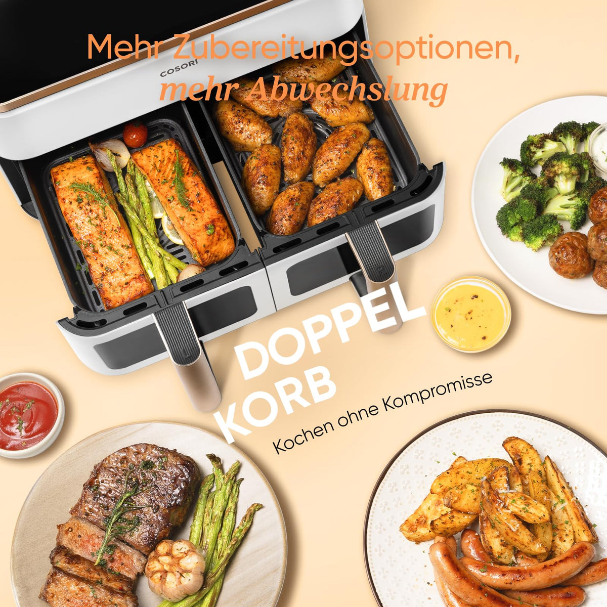 Cosori Airfryer, Mit Sichtfenster, 8,5L Heißluftfritteuse 2 Kammern