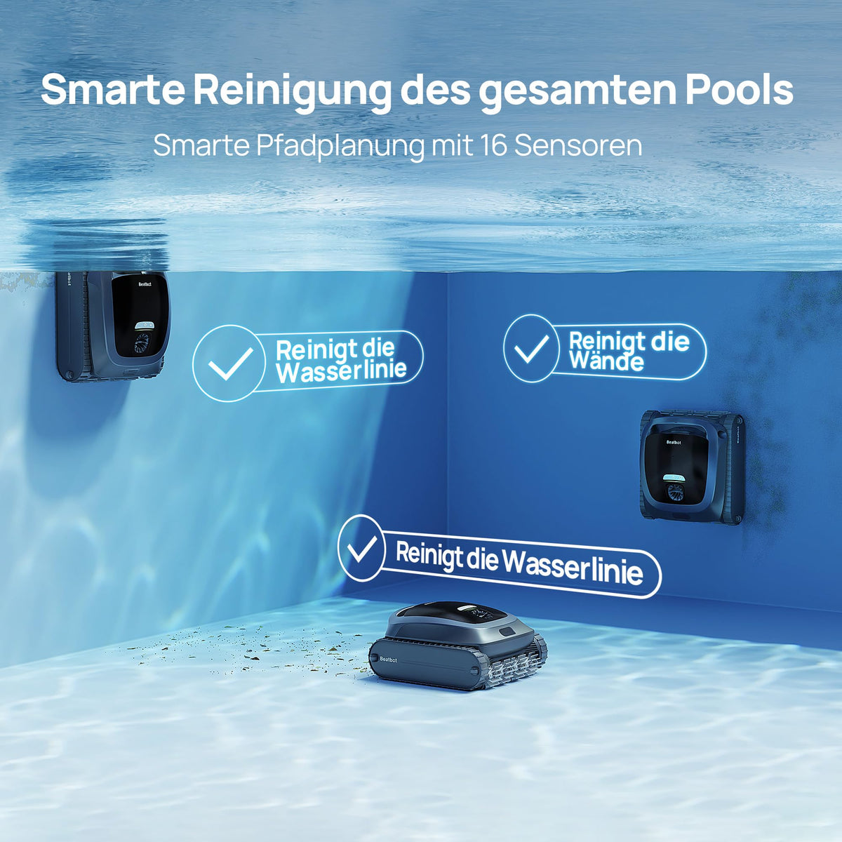 Beatbot AquaSense 2 Poolroboter, Oberflächen-Parkfunktion, Fenstergrau