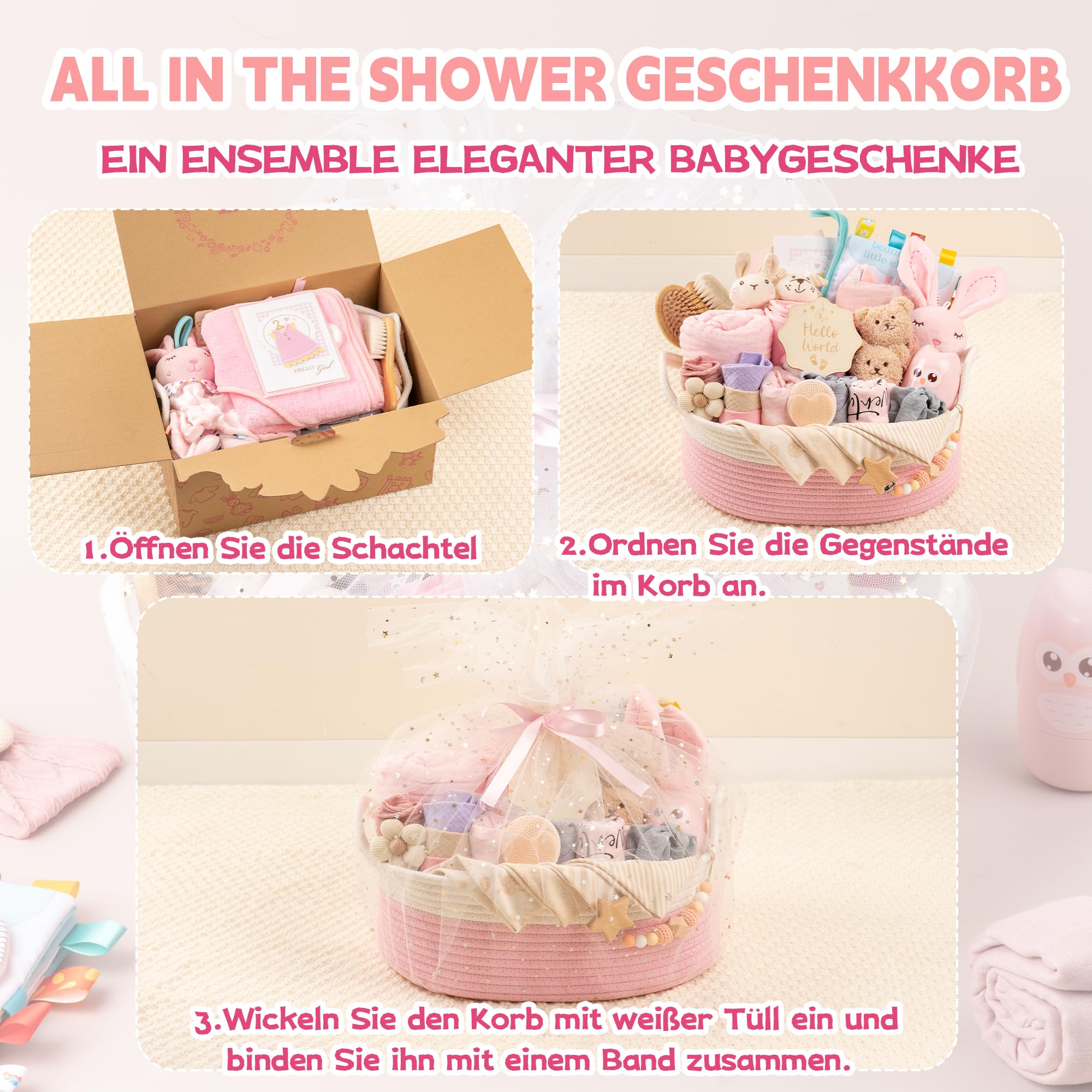 Baby Geschenk, Geschenkkorb zur Geburt für Mädchen & Jungen, Rosa