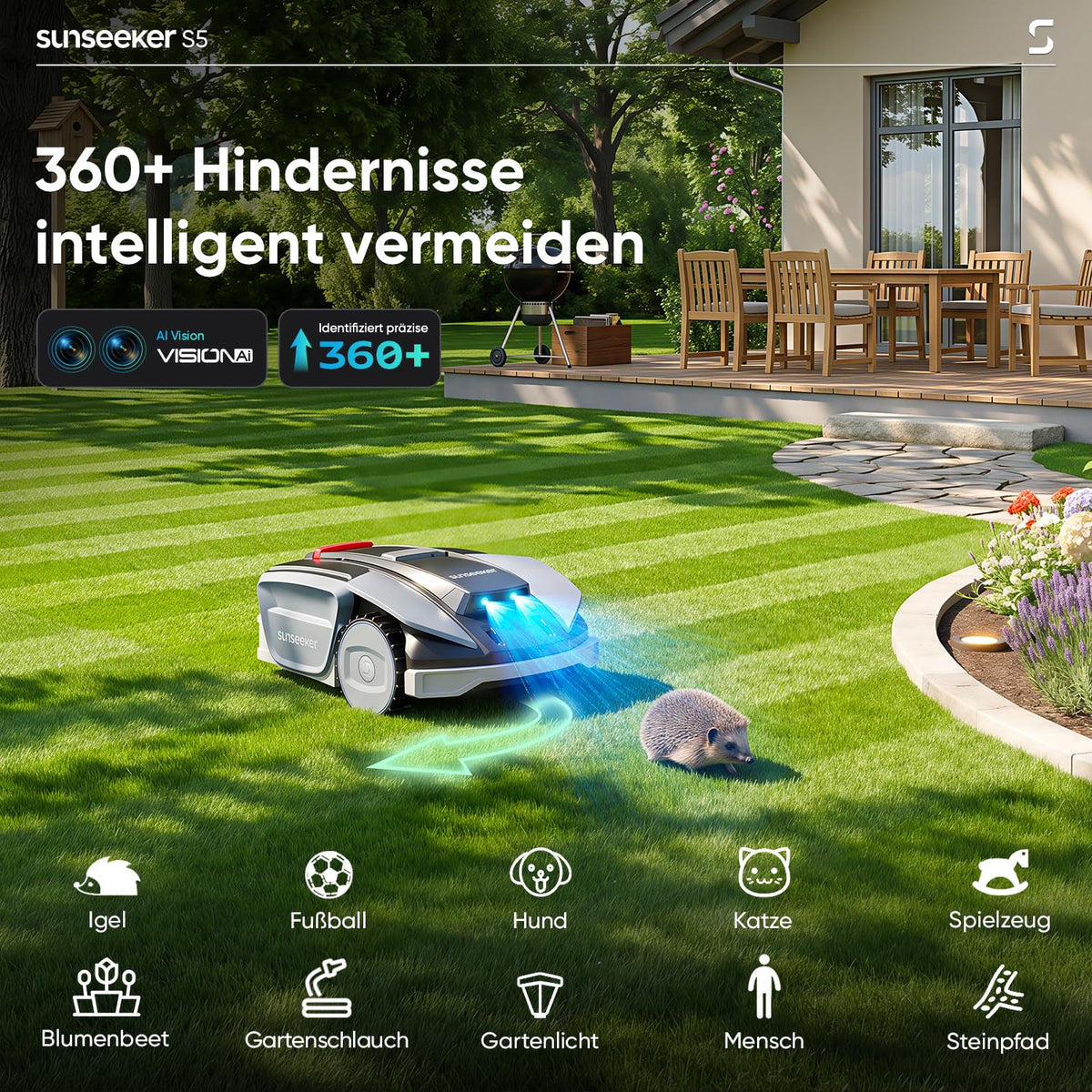 Sunseeker S5 Mähroboter ohne Begrenzungskabel AWD Allradantrieb, 60% Steigungsfähigkeit, 1600㎡ Rasenabdeckung, RTK + Vision, Intelligenter Rasenmäher für Große Gärten