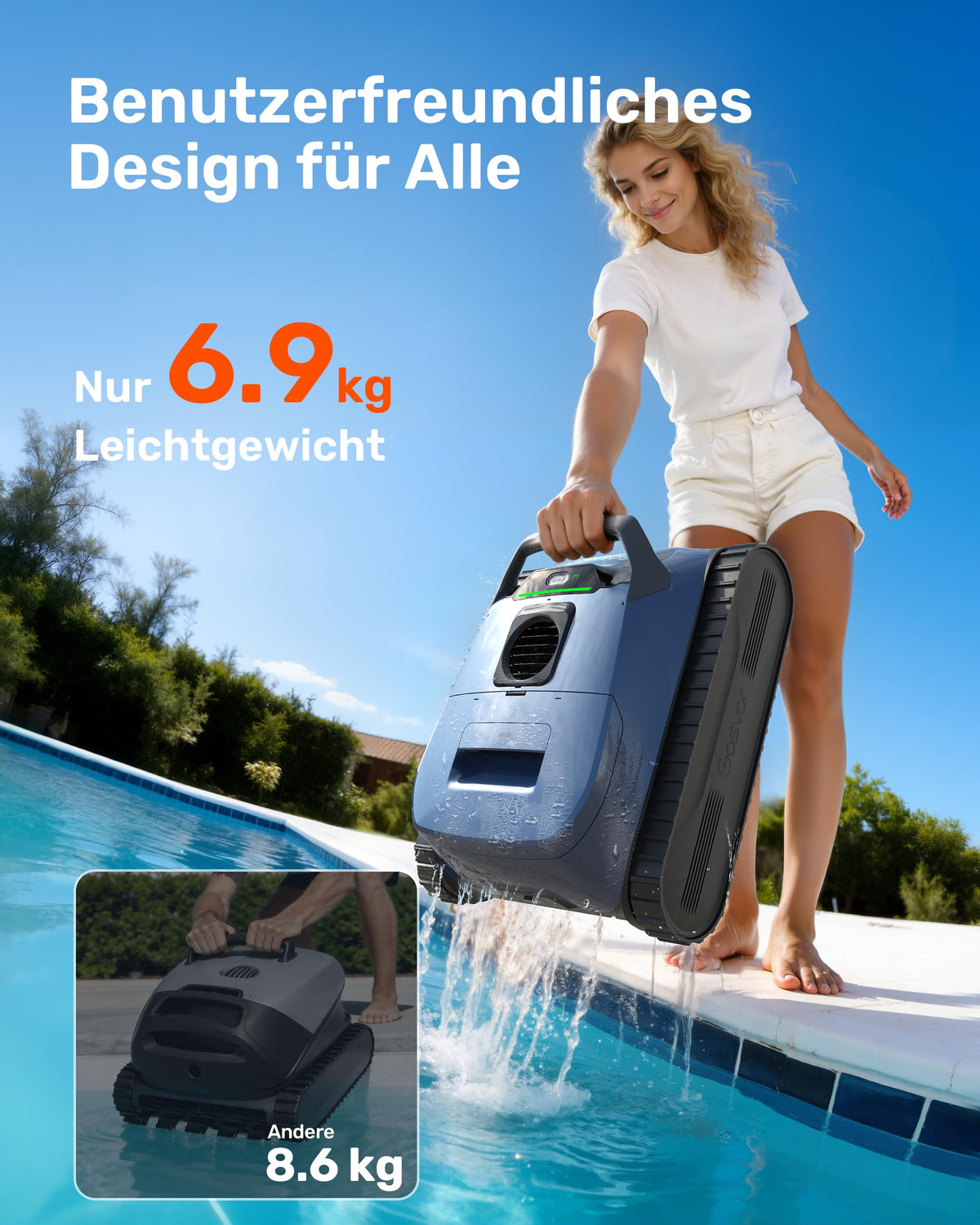(2026 Neu) Gosvor Poolroboter Wand und Boden, Wasserlinie, Flachzone 4-in-1, Bis zu 200 Min. Laufzeit, Leichtgewicht 6,9 KG, 3μm Ultrafeiner Filter, Poolsuager Akku für Pools bis zu 200 m², Dunkelblau
