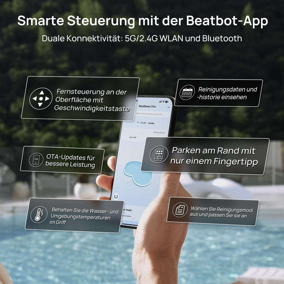 Beatbot AquaSense 2 Pro Poolroboter Set mit Klärmittel-Satz, Oberflächen
