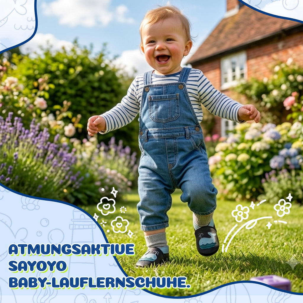 SAYOYO Krabbelschuhe Baby Lauflernschuhe für Kleinkinder Weiche Leder mit Rutschfester Sohle Lederschuhe Jungen Mädchen Babyhausschuhe, 12-18 Monate, Schwarz Wal