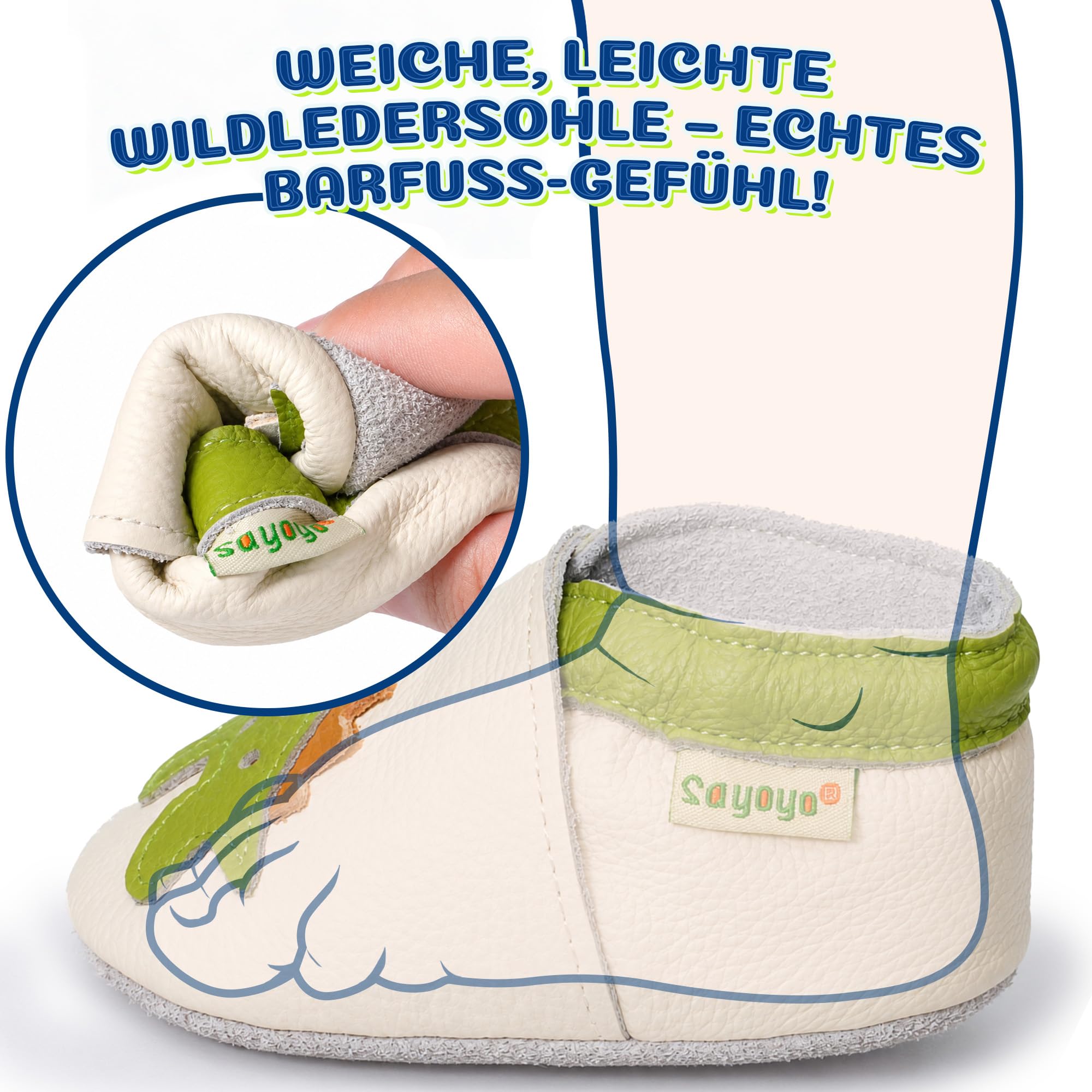 SAYOYO Baby Krabbelschuhe Leder rutschfest 12-18 Monate 21/22 Beige Dinosauri