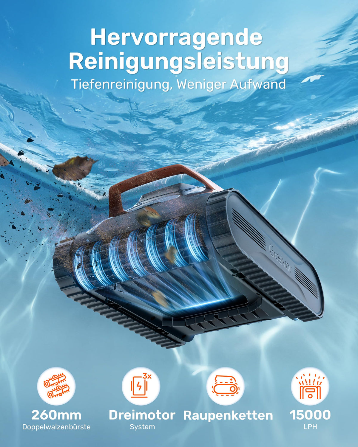 Gosvor (2026 Neu) Poolroboter Wand und Boden, Wasserlinie, Flachzone 4-in-1, Bis zu 200 Min. Laufzeit, Leichtgewicht 6,9 KG, 3μm Ultrafeiner Filter, Poolsuager Akku für Pools bis zu 200 m², Orange
