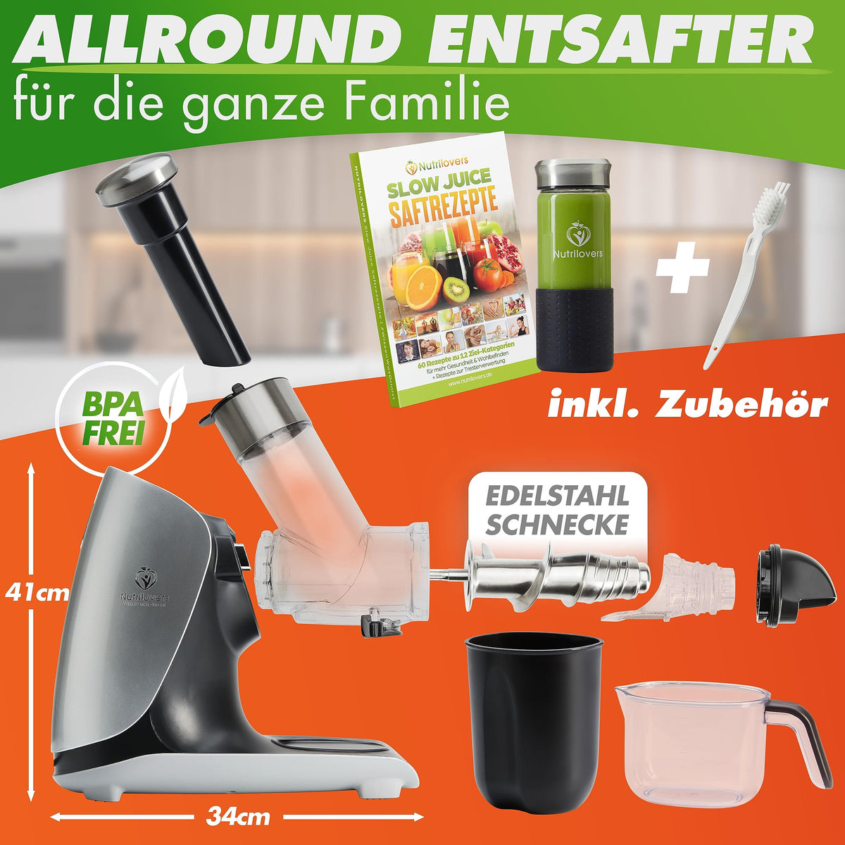 Nutrilovers Slow Juicer GREEN-PRESS EDELSTAHL Schnecke DEUTSCHE MARKE Ganze Früchte entsaften Sellerie Gemüse und Obst Entsafter Testsieger Allrounder Saftpresse elektrisch