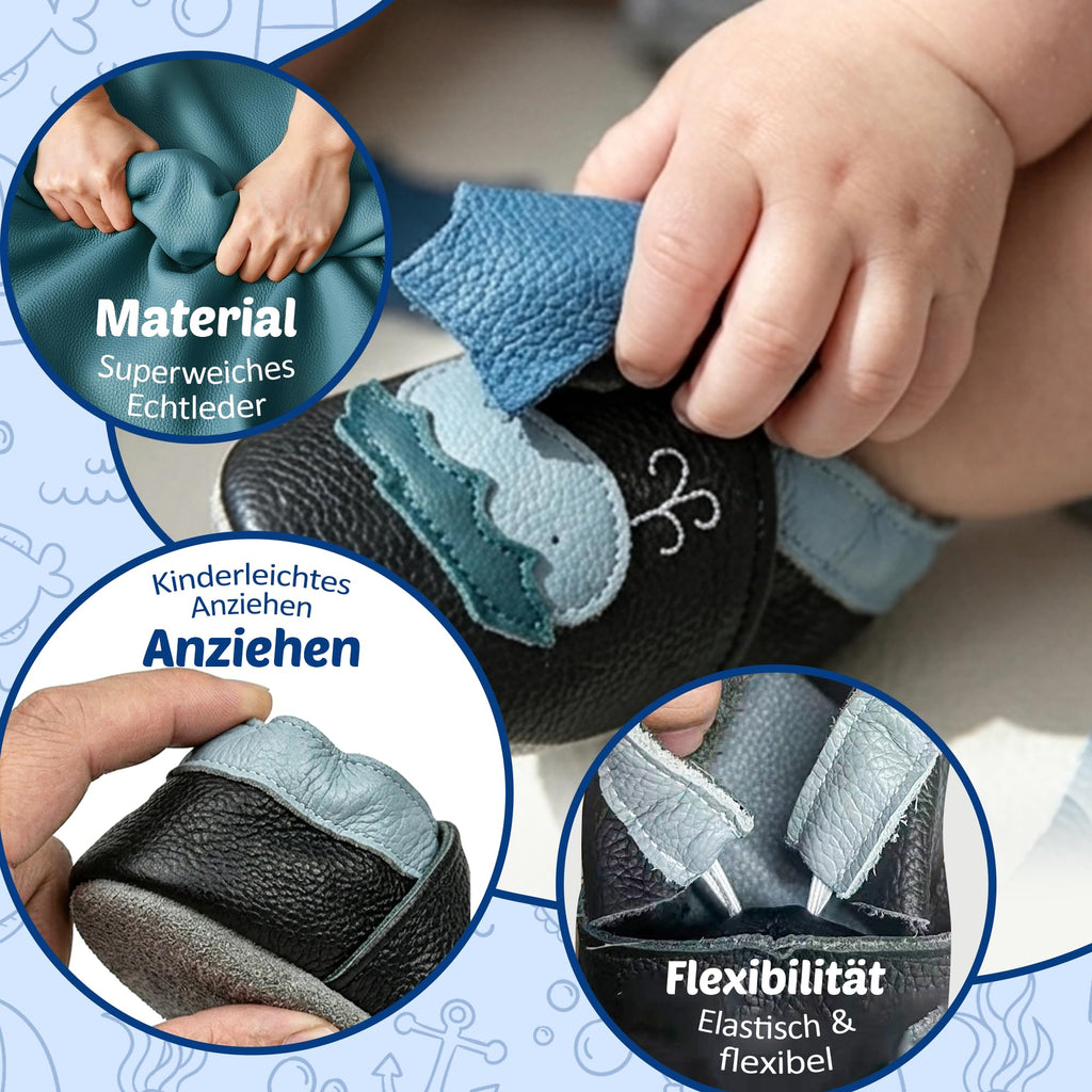 SAYOYO Krabbelschuhe Baby Lauflernschuhe für Kleinkinder Weiche Leder mit Rutschfester Sohle Lederschuhe Jungen Mädchen Babyhausschuhe, 12-18 Monate, Schwarz Wal