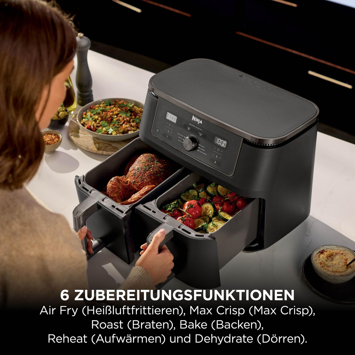 Ninja Heißluftfritteuse MAX Dual Zone, 2 Schubladen, 9,5 L, 6-in-1, Kochen ohne Öl, Air Fry, Max Crisp, Braten, Backen, Aufwärmen, Dörren, spülmaschinengeeignete Antihaft-Körbe, Onyxschwarz DZ400EUBK
