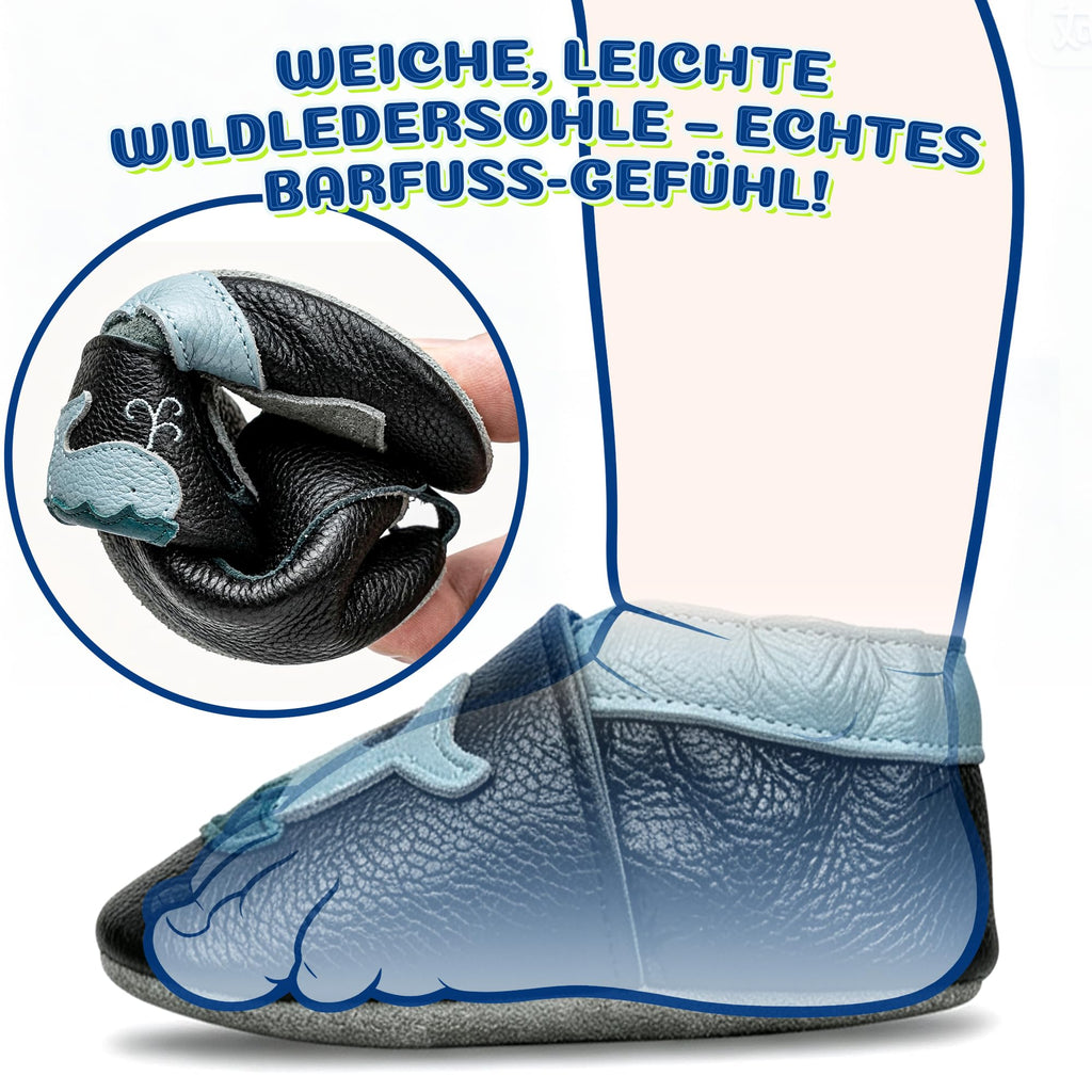 SAYOYO Krabbelschuhe Baby Lauflernschuhe für Kleinkinder Weiche Leder mit Rutschfester Sohle Lederschuhe Jungen Mädchen Babyhausschuhe, 12-18 Monate, Schwarz Wal