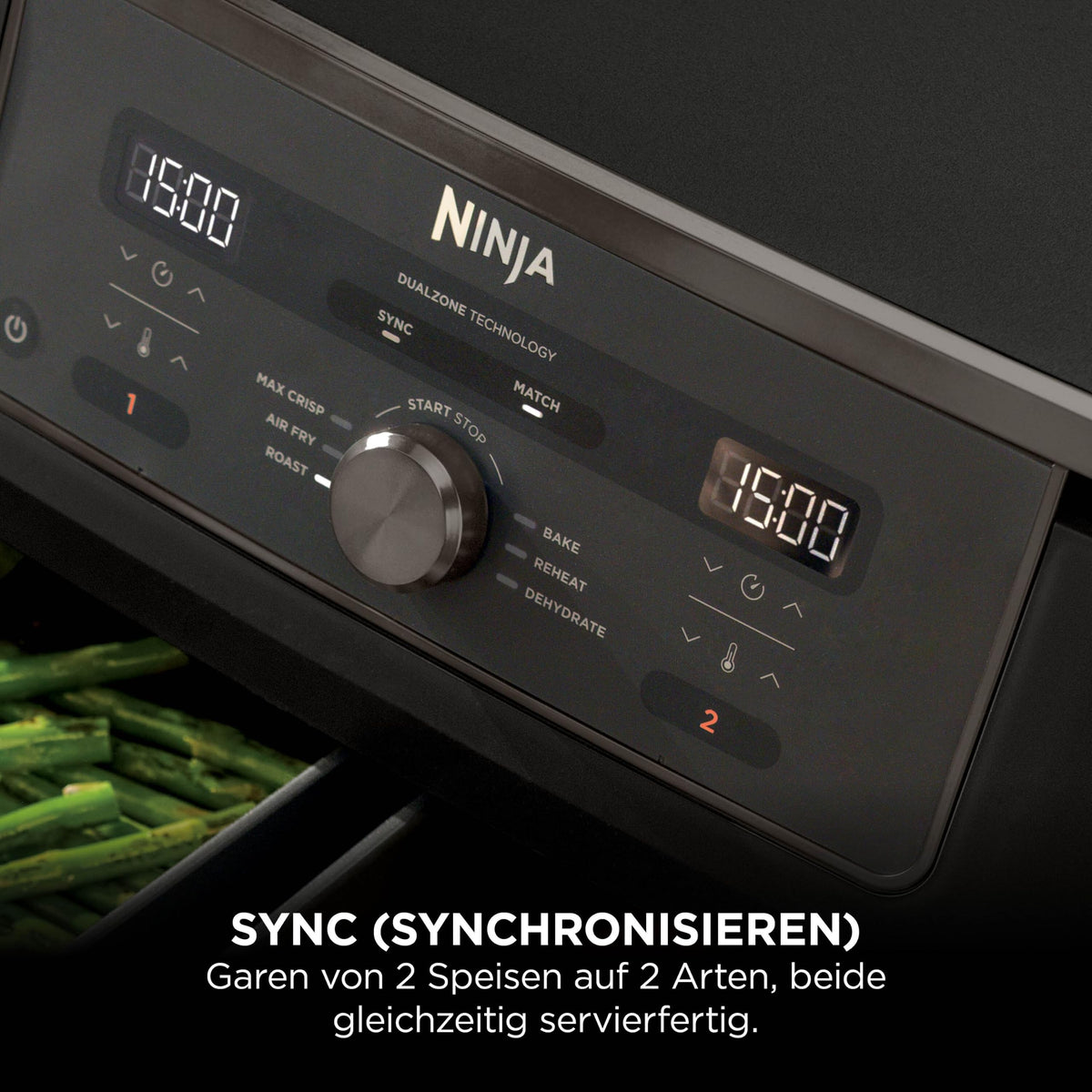 Ninja Heißluftfritteuse MAX Dual Zone, 2 Schubladen, 9,5 L, 6-in-1, Kochen ohne Öl, Air Fry, Max Crisp, Braten, Backen, Aufwärmen, Dörren, spülmaschinengeeignete Antihaft-Körbe, Onyxschwarz DZ400EUBK