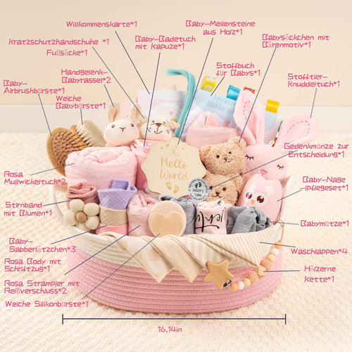 Baby Geschenk, Geschenkkorb zur Geburt für Mädchen & Jungen, Rosa
