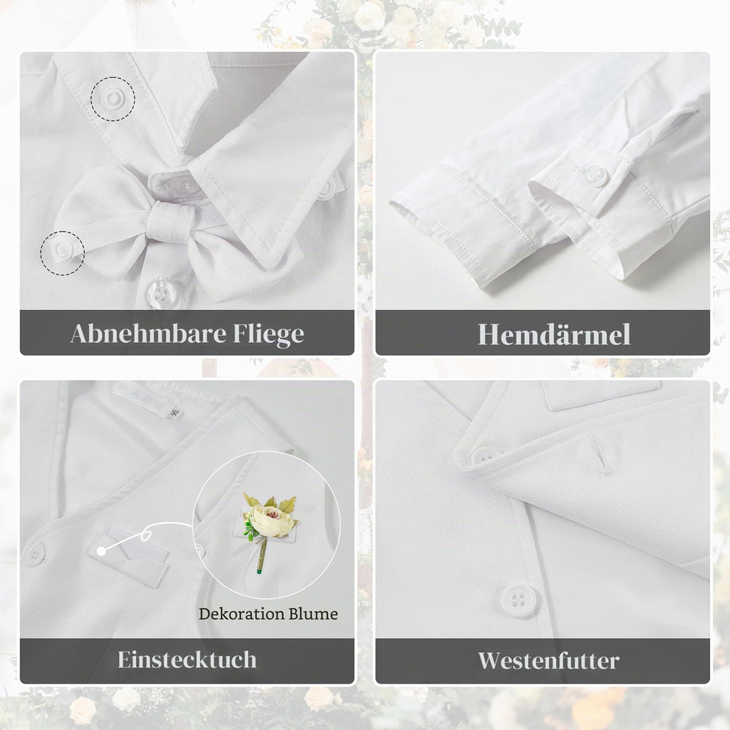 Volunboy Baby Jungen Anzug, Kinder Anzugweste Festliche Hochzeit Kleidung Bekleidung Set 4tlg(Größe 110,3-4 Jahre,Reines Weiß